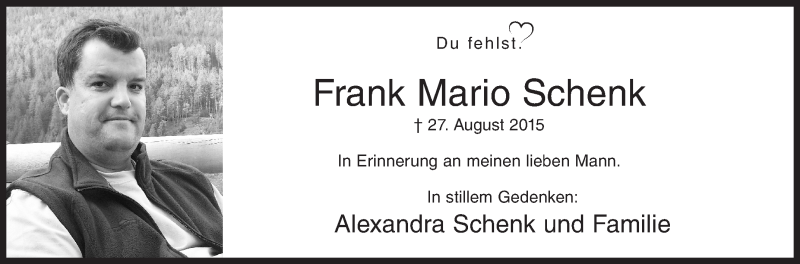  Traueranzeige für Frank Mario Schenk vom 26.08.2017 aus Siegener Zeitung