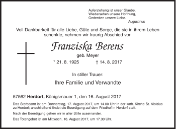 Traueranzeige von Franziska Berens von Siegener Zeitung