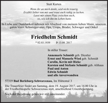 Traueranzeige von Friedhelm Schmidt von Siegener Zeitung
