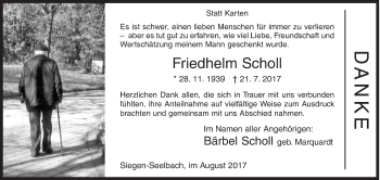 Traueranzeige von Friedhelm Scholl von Siegener Zeitung