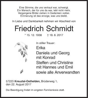 Traueranzeige von Friedrich Schmidt von Siegener Zeitung