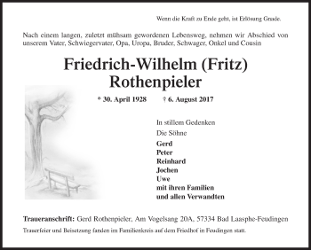 Traueranzeige von Friedrich-Wilhelm Rothenpieler von Siegener Zeitung