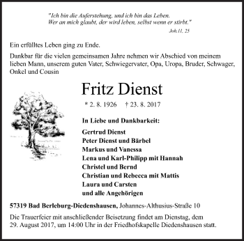Traueranzeige von Fritz Dienst von Siegener Zeitung