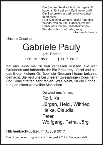 Traueranzeige von Gabriele Pauly von Siegener Zeitung