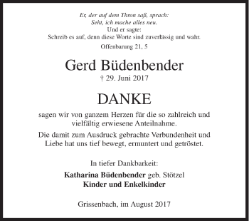Traueranzeige von Gerd Büdenbender von Siegener Zeitung