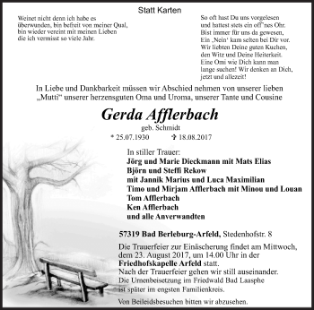 Traueranzeige von Gerda Afflerbach von Siegener Zeitung