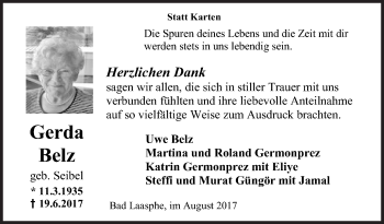 Traueranzeige von Gerda Belz von Siegener Zeitung