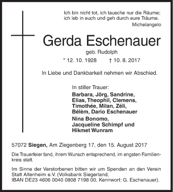 Traueranzeige von Gerda Eschenauer von Siegener Zeitung