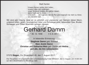 Traueranzeige von Gerhard Damm von Siegener Zeitung