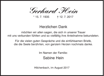 Traueranzeige von Gerhard Hein von Siegener Zeitung
