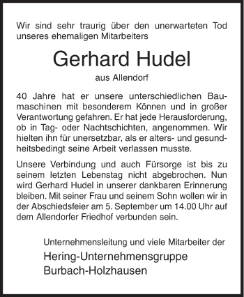 Traueranzeige von Gerhard Hudel von Siegener Zeitung