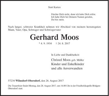 Traueranzeige von Gerhard Moos von Siegener Zeitung