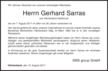 Traueranzeige von Gerhard Sarras von Siegener Zeitung