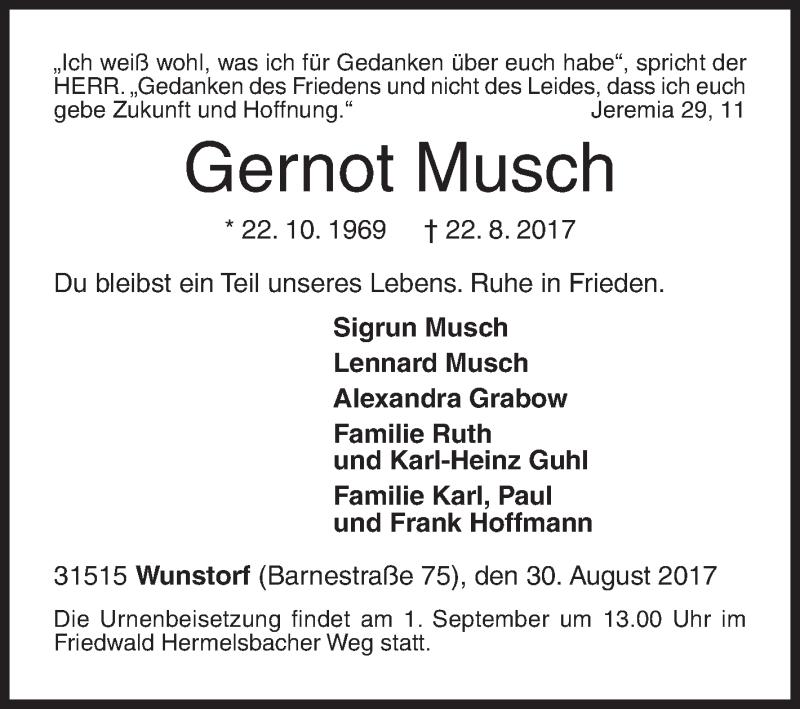  Traueranzeige für Gernot Musch vom 30.08.2017 aus Siegener Zeitung