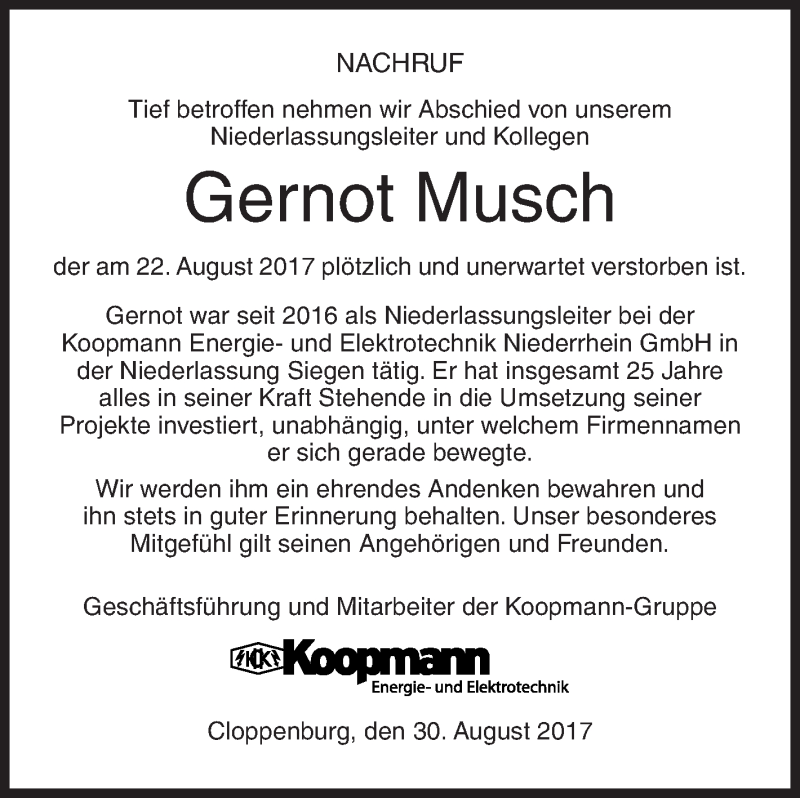  Traueranzeige für Gernot Musch vom 30.08.2017 aus Siegener Zeitung