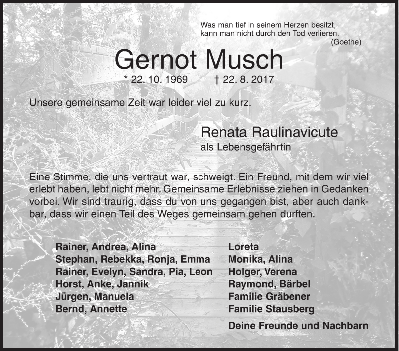  Traueranzeige für Gernot Musch vom 30.08.2017 aus Siegener Zeitung