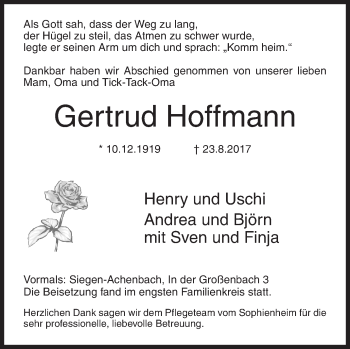 Traueranzeige von Gertrud Hoffmann von Siegener Zeitung