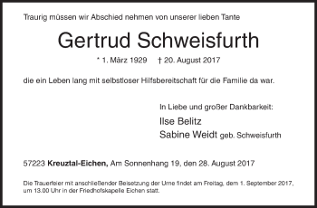 Traueranzeige von Gertrud Schweisfurth von Siegener Zeitung