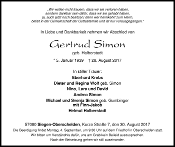 Traueranzeige von Gertrud Simon von Siegener Zeitung