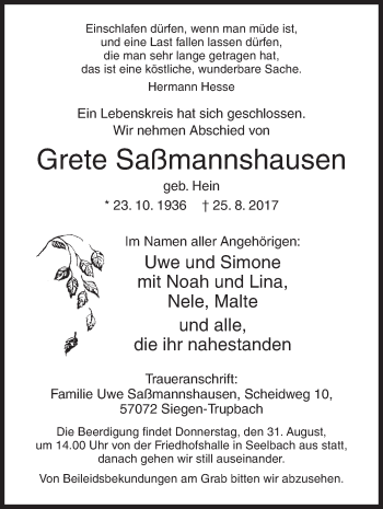Traueranzeige von Grete Saßmannshausen von Siegener Zeitung