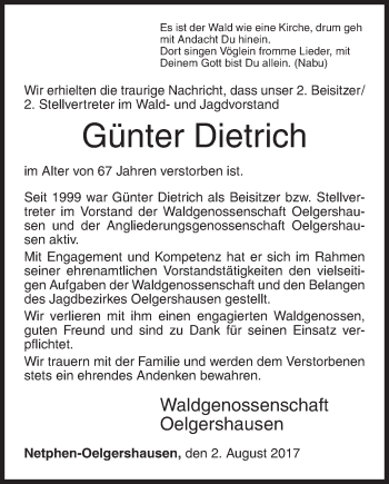 Traueranzeige von Günter Dietrich von Siegener Zeitung