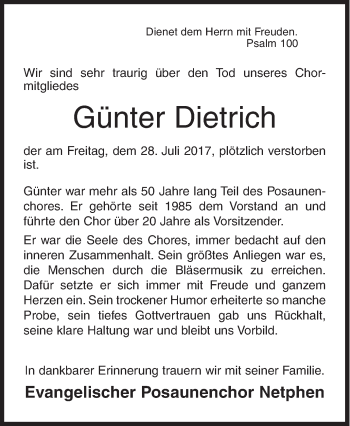 Traueranzeige von Günter Dietrich von Siegener Zeitung