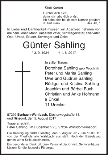 Traueranzeige von Günter Sahling von Siegener Zeitung