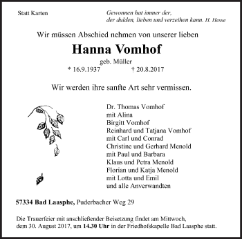 Traueranzeige von Hanna Vomhof von Siegener Zeitung