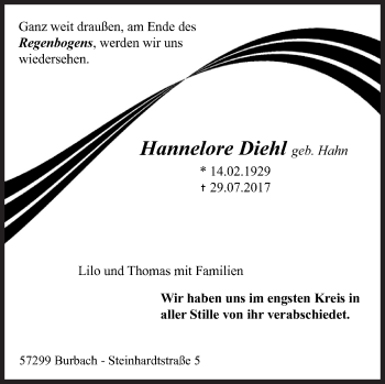 Traueranzeige von Hannelore Diehl von Siegener Zeitung