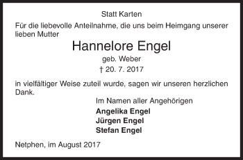 Traueranzeige von Hannelore Engel von Siegener Zeitung