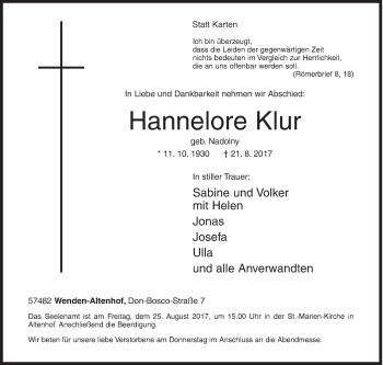 Traueranzeige von Hannelore Klur von Siegener Zeitung