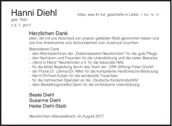 Traueranzeige von Hanni Diehl von Siegener Zeitung