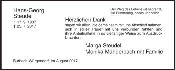 Traueranzeige von Hans-Georg Steudel von Siegener Zeitung