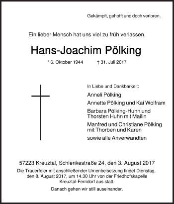 Traueranzeige von Hans-Joachim Pölking von Siegener Zeitung