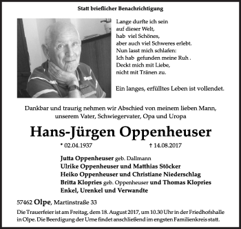 Traueranzeige von Hans-Jürgen Oppenheuser von Siegener Zeitung