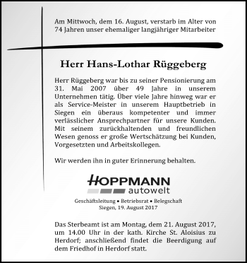 Traueranzeige von Hans-Lothar Rüggeberg von Siegener Zeitung