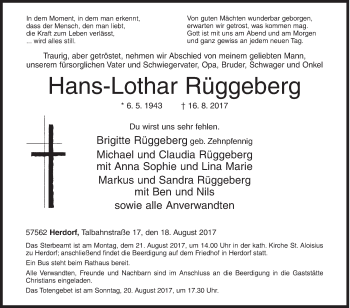 Traueranzeige von Hans-Lothar Rüggeberg von Siegener Zeitung