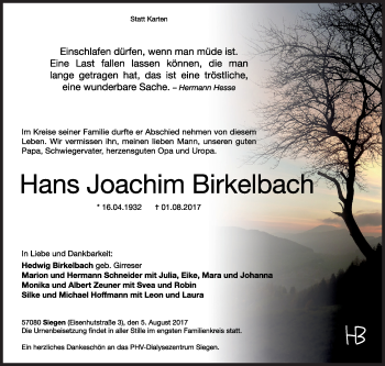Traueranzeige von Hans Joachim Birkelbach von Siegener Zeitung