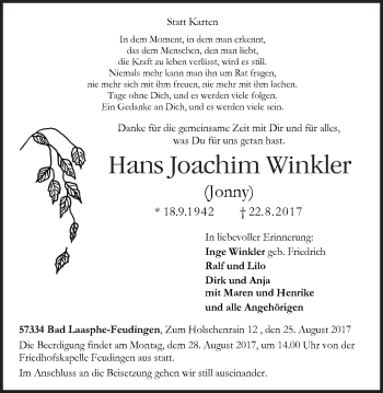 Traueranzeige von Hans Joachim Winkler von Siegener Zeitung