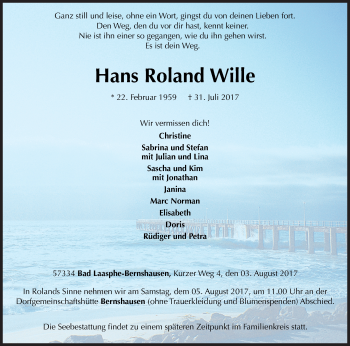 Traueranzeige von Hans Roland Wille von Siegener Zeitung
