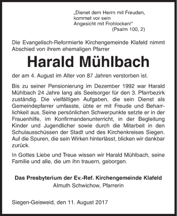 Traueranzeige von Harald Mühlbach von Siegener Zeitung