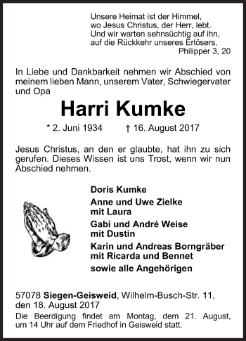 Traueranzeige von Harri Kumke von Siegener Zeitung