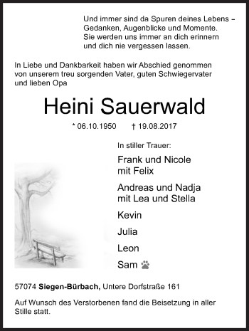 Traueranzeige von Heini Sauerwald von Siegener Zeitung