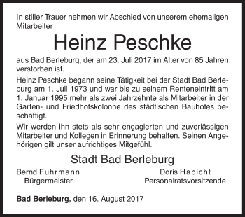 Traueranzeige von Heinz Peschke von Siegener Zeitung