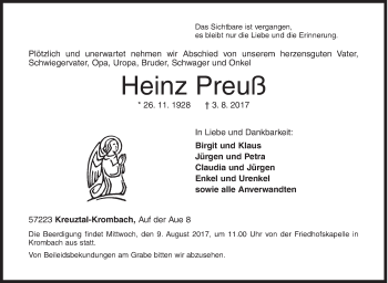 Traueranzeige von Heinz Preuß von Siegener Zeitung