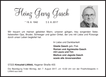 Traueranzeige von Heinz Georg Gasch von Siegener Zeitung