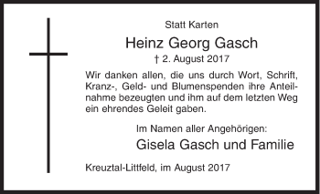 Traueranzeige von Heinz Georg Gasch von Siegener Zeitung