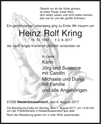 Traueranzeige von Heinz Rolf Kring von Siegener Zeitung