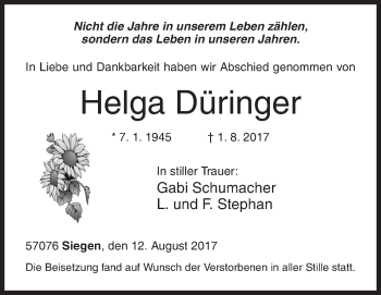 Traueranzeige von Helga Düringer von Siegener Zeitung