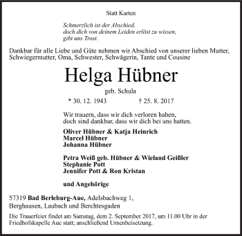 Traueranzeige von Helga Hübner von Siegener Zeitung